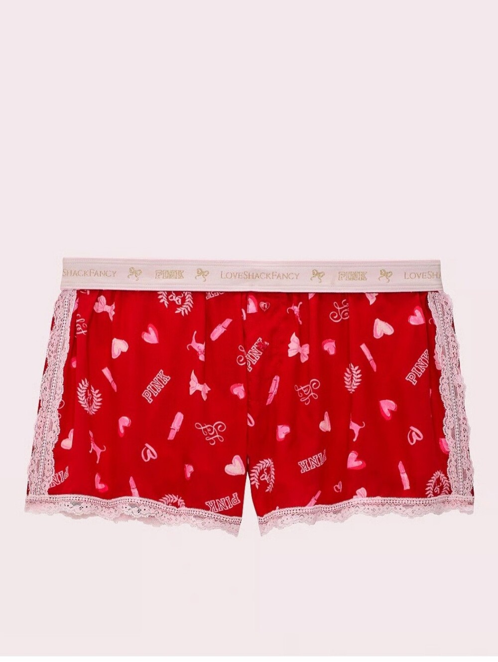 PINK Red Sleep Shorts with Pink Logo & Heart Print